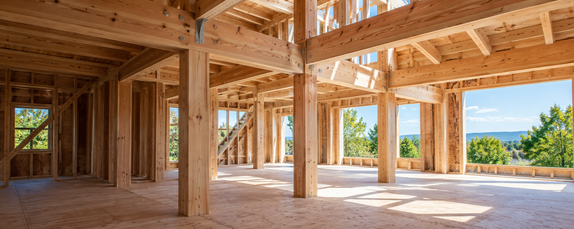 柱と梁が見える木造建築内部の施工イメージ（AI生成）